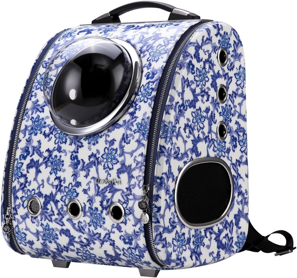CloverPet Fashion Bubble Cats Dogs Pet Backpack Side Opening Carrier for Outdoor Travel Hiking,Blue&White