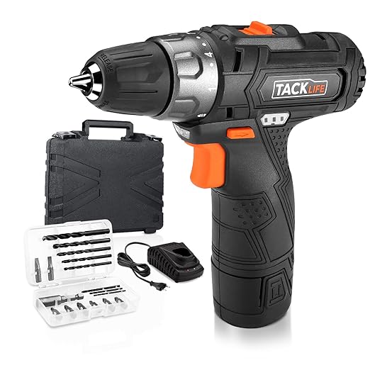 Tacklife PCD02B Akku-Bohrschrauber 12V(1500 mAh, 25 Nm, Max. Schrauben-Ø: 10 mm, Ladegerät, 17-tlg. Zubehör-Set, 2 Gängen, 19