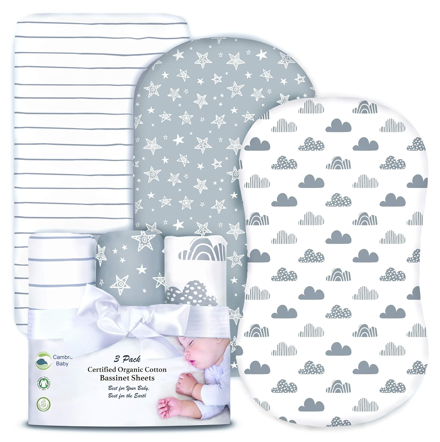 Cambria Baby 100% Organic Cotton Jersey Fitted Bassinet Sheets. Adapts to Oval, Hourglass & Rectangle Shaped Bassinet Pads. Gray/White Clouds, Stripes and Stars Patterns. 3 Pack