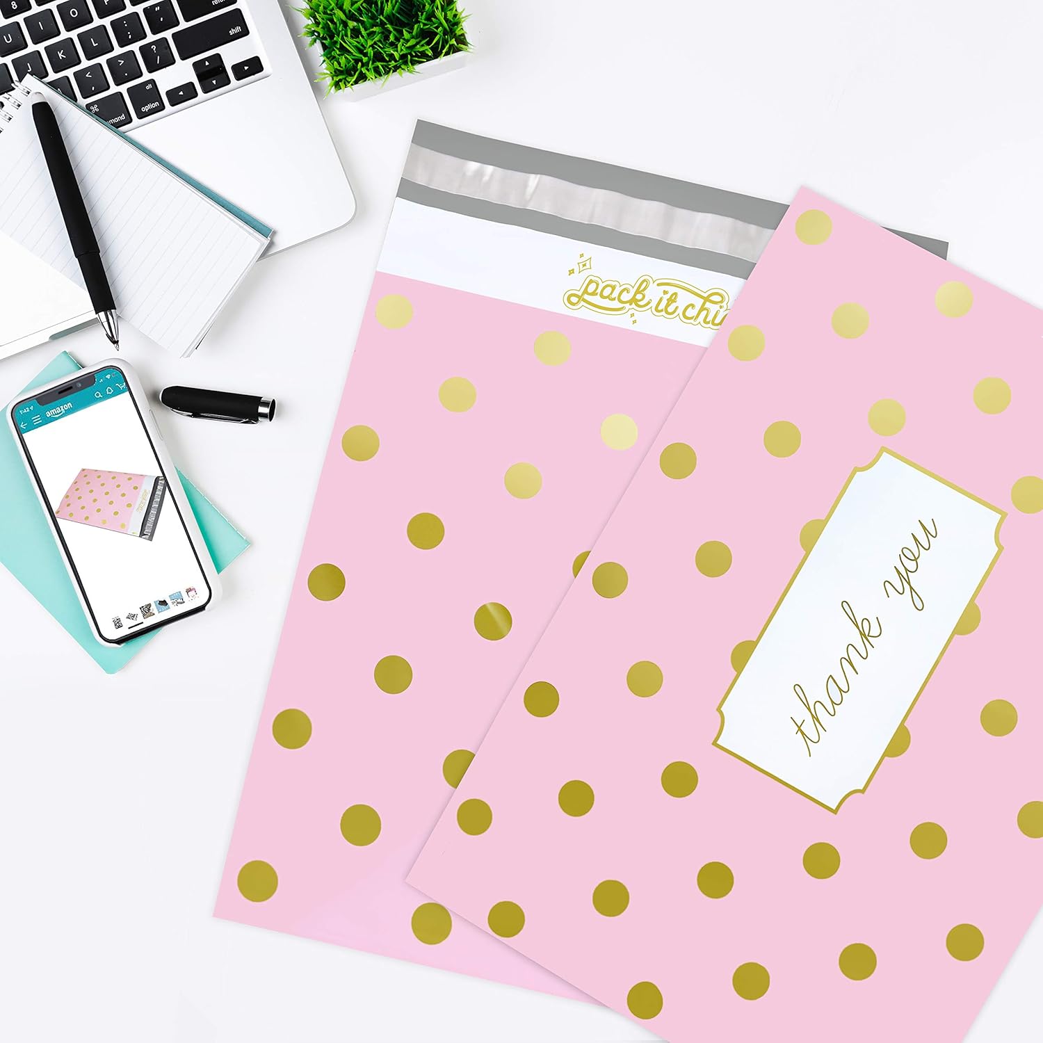 Pack It Chic - 10X13 (100 Pack) Pink Polka Dot - Thank You Poly Mailer Envelope Plastic Custom Mailing & Shipping Bags - Self Seal (More Designs Available) : Office Products