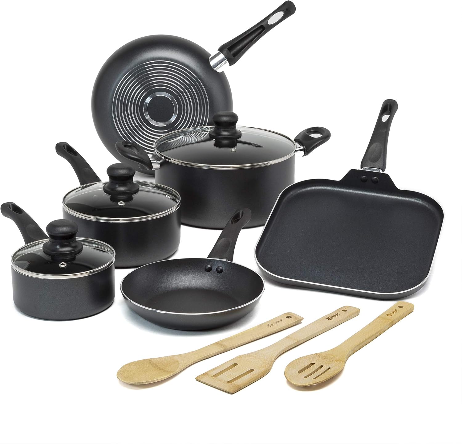 Ecolution Easy Clean Non-Stick Cookware, Dishwasher Safe Pots and Pans Set with Cooking Utensils, 12pc, Black