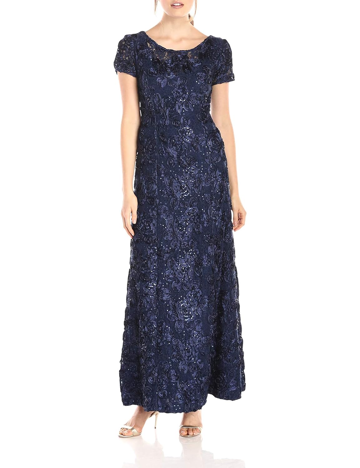 Alex Evenings Womens Long A-line Rosette Dress