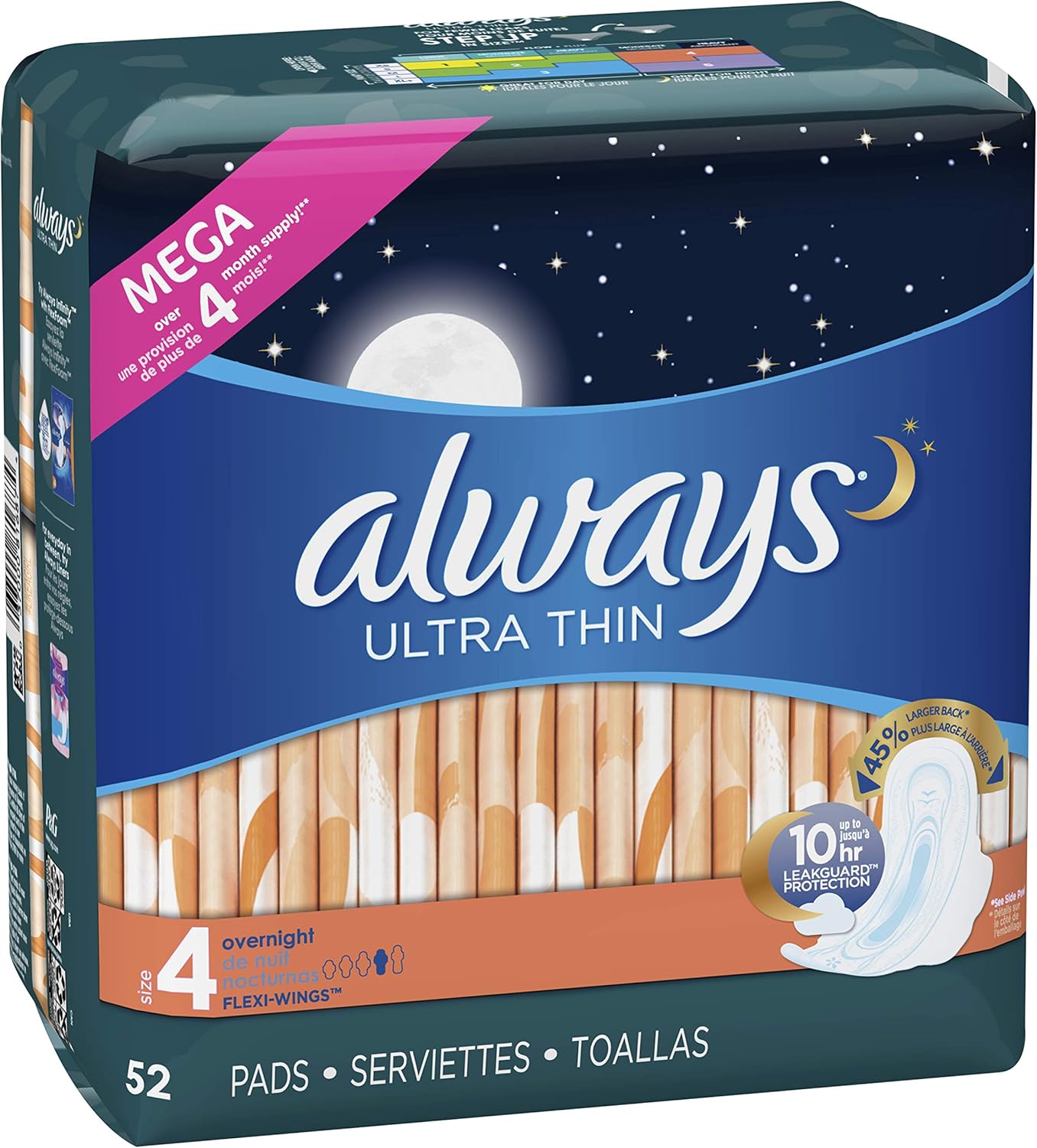 Always Ultra Thin, Size 4, Overnight Pads With Wings, Unscented, 52 Count (Pack of 3): Health & Personal Care