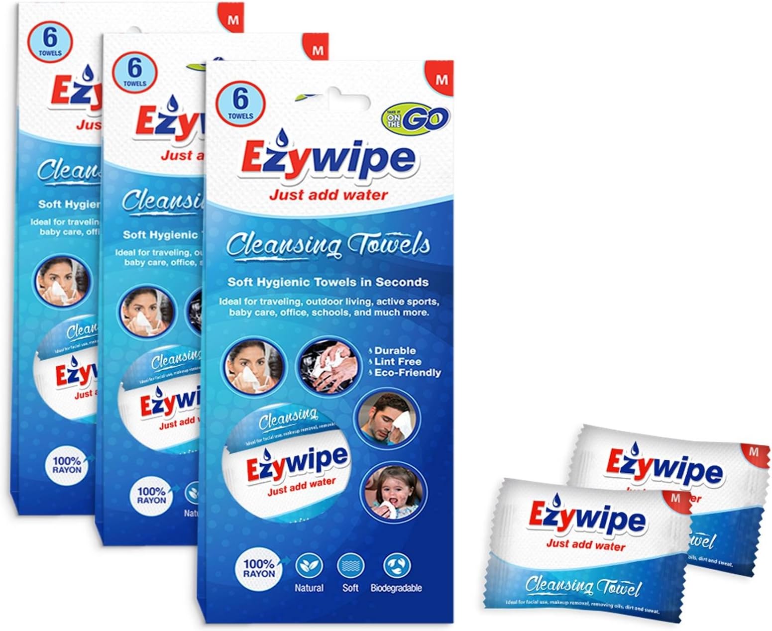Ezywipe Compressed Cleansing Towels (m) 3 Packs Of 6 = 18 Towels 100% Rayon, Certified Biodegradable, Hypo-allergenic, Antimicrobial, Antibacterial, for Travel, Home, Personal, Pet, Baby Care and more