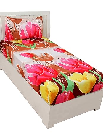 BSB Trendz Aura 3D Print Microfiber Wrinkle, Fade Resistant, Easy Elastic Fitting Single Size Soft 1-Piece Bed Sheet Set, Fitted Sheet with 1 Pillow Cases-Red & Yellow