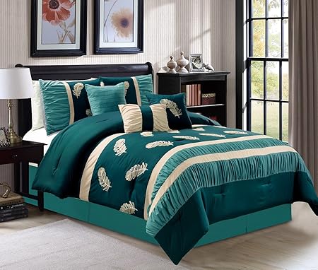 Classic 7 Piece Embroidered Dark Teal Green Light Blue Floral