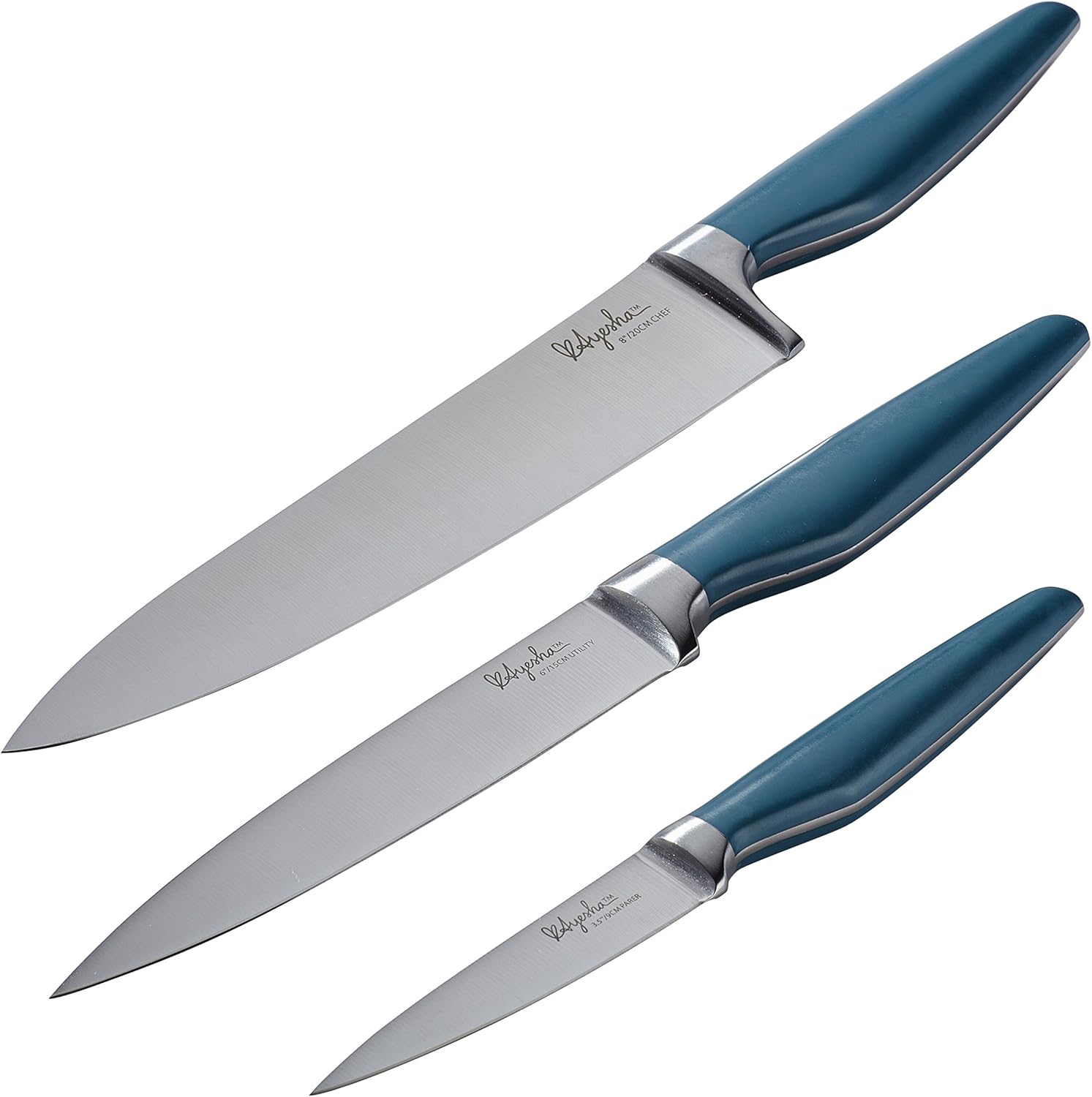 Ayesha Curry Cutlery Japanese Stainless Steel Knife Cooking Knives Set with Sheaths, 8 Inch Chef Knife, 6 Inch Utility Knife, 3.5 Inch Paring Knife, Twilight Teal Blue