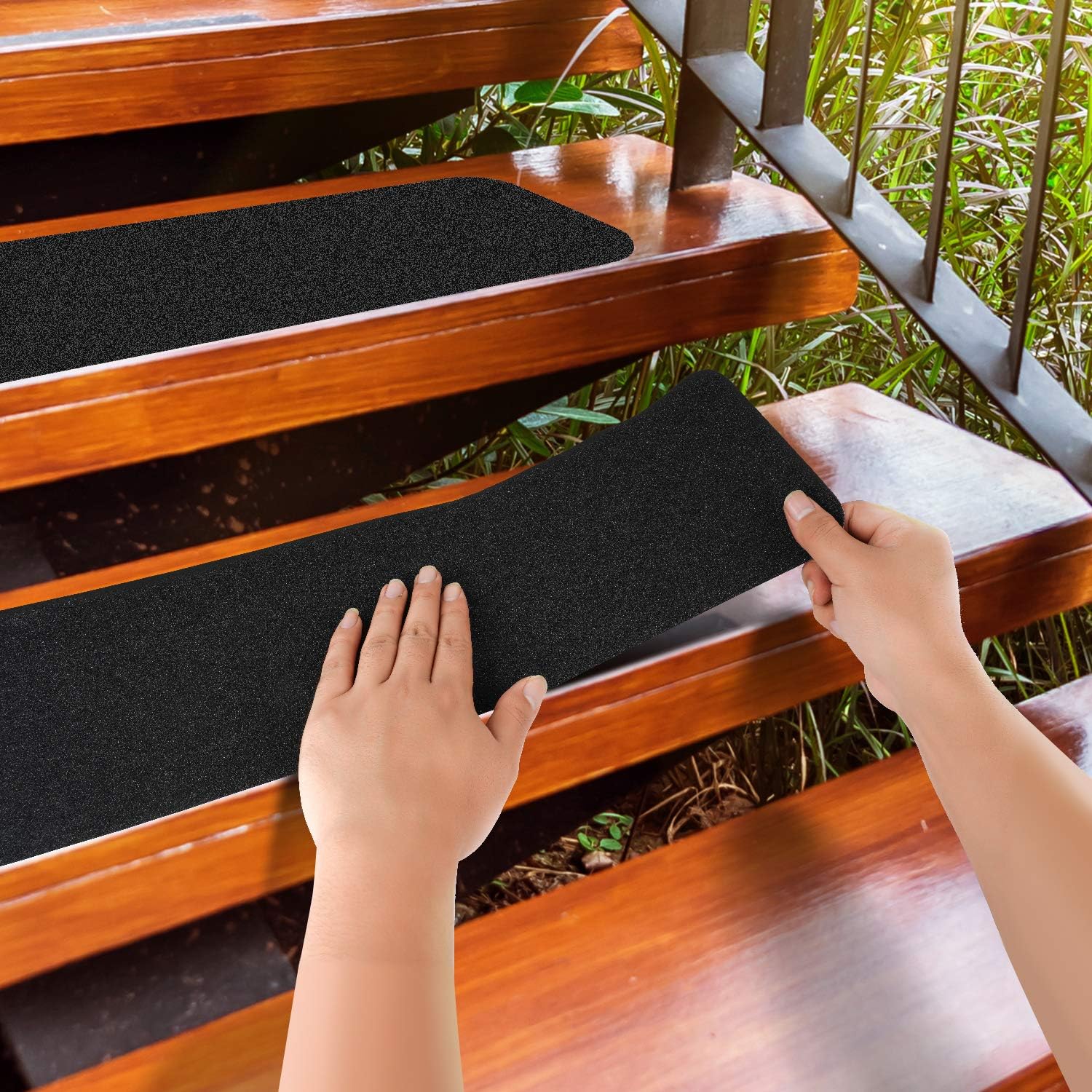 MBIGM 8-Pack 24" X 6" Pre-Cut Stair Treads 80 Grit Non-Slip Outdoor Tape Black Heavy Duty Anti Slip Traction Adhesive Strips for Staircase, Skateboard, Deck - - 