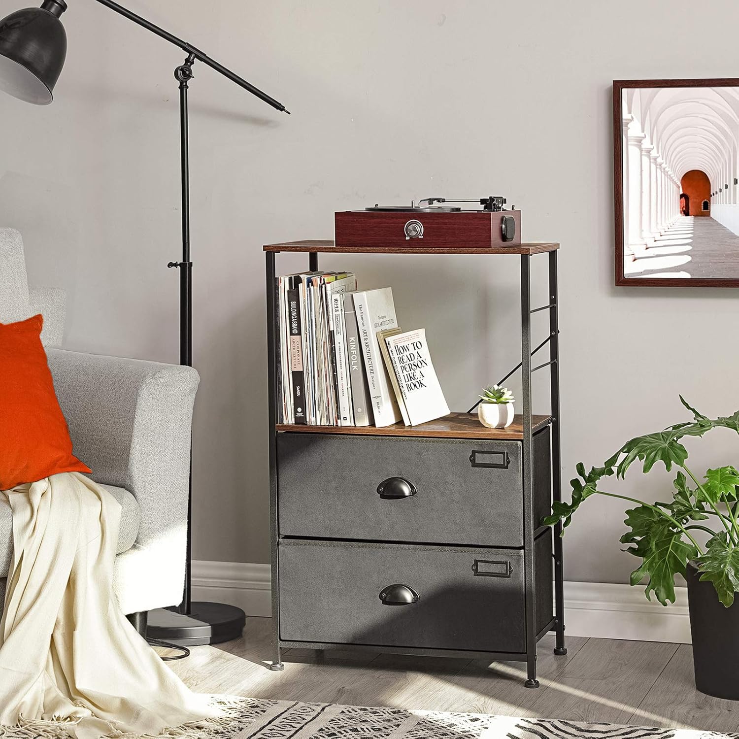 SONGMICS Nightstand, Industrial Bedside Table with 2 Fabric Drawers, Storage Shelves, Vertical Dresser Storage Tower with Wooden Top, Metal Frame, Labels, Rustic Brown and Black ULVT03H: Kitchen & Dining