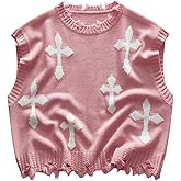 BEAUDRM Men's Cross Print Sweater Vests Y2k Ripped Crew Neck Sleeveless Casual Knit Tops Streetwear