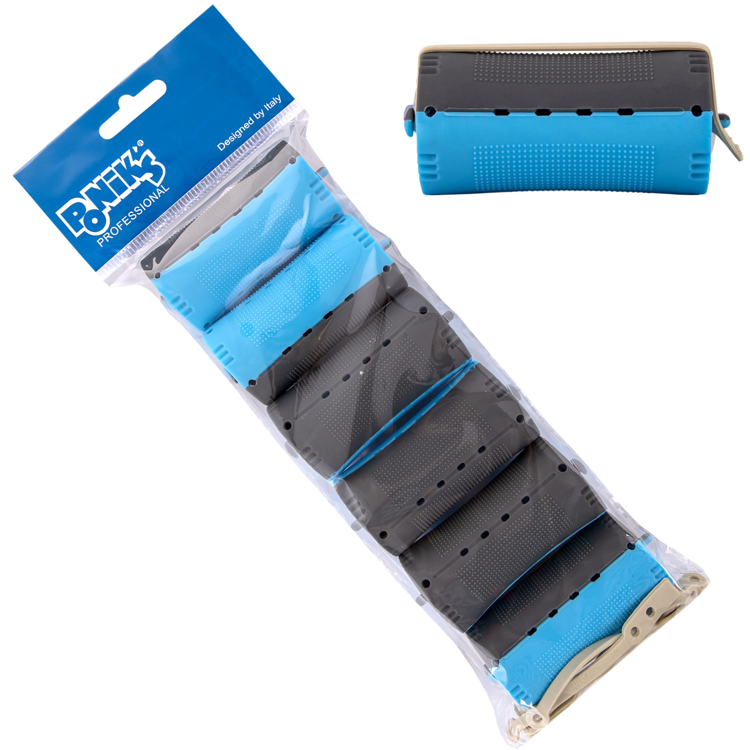 PONIK'S PROFESSIONAL - Perm Rollers, Curlers for Perm Set, Hair Rollers 6 Pieces, Curlers Perm 40 mm, Small Cold Curler with Round Rubber Tabs, Blue Black