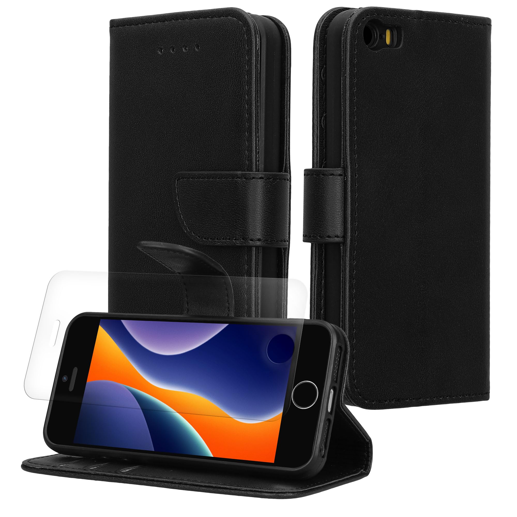 kwmobile PU Faux Leather Case Compatible with Apple iPhone SE (1.Gen 2016) / iPhone 5 / iPhone 5S - Wallet Case with Screen Protector - Black