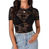 Rooscier Women's Floral Lace Sheer Crew Neck Short Sleeve Sexy Bodysuits Top Leotard Without Bra