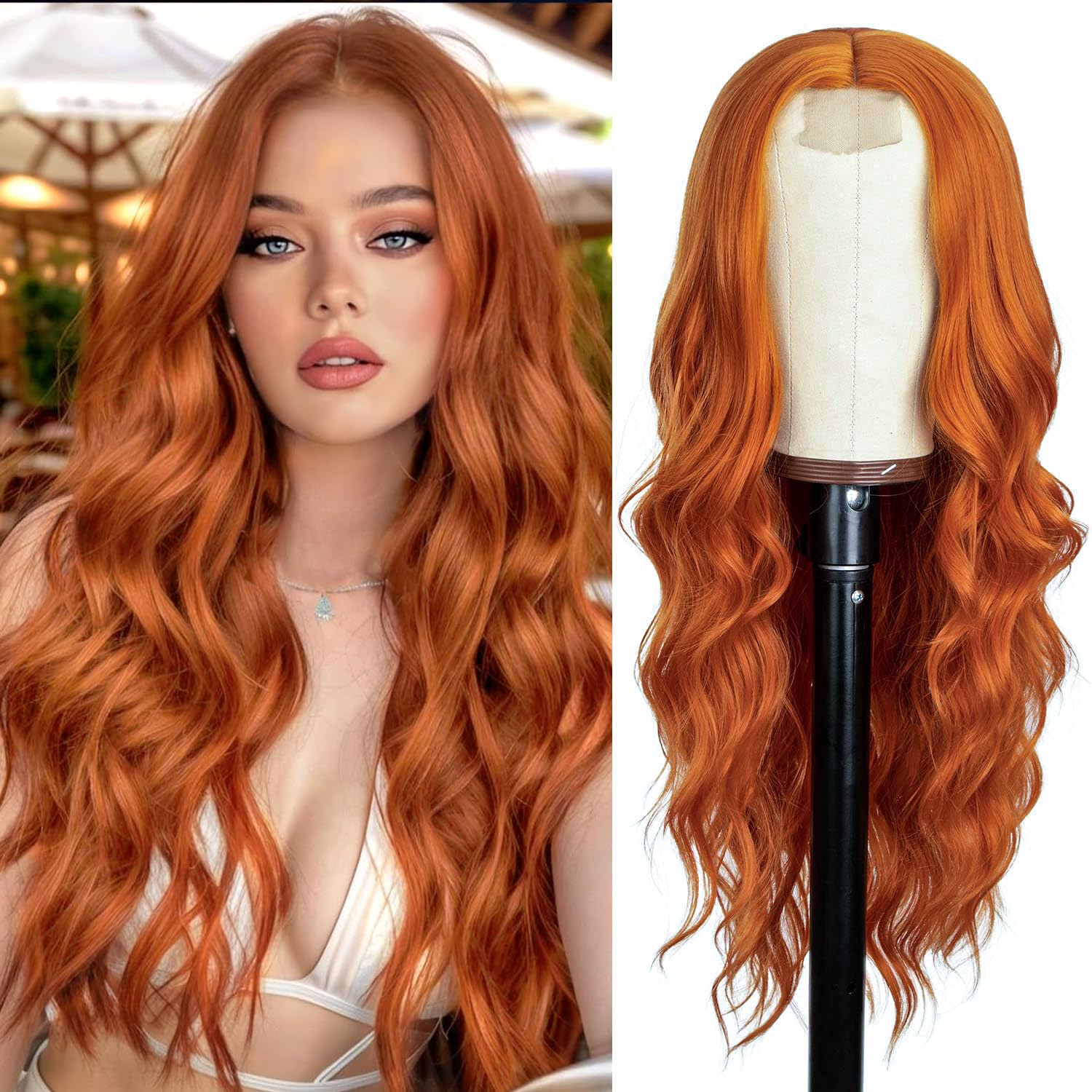 PORSMEER Long Copper Orange Wavy Wig - Lace Middle Part Curly Wavy Synthetic Heat Resistant Fiber Wig for Daily Party Use - 26 Inch