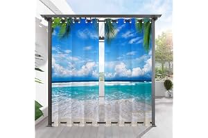 ANHOPE Outdoor Curtains Waterproof Windproof Grommet Top & Bottom Curtains Tropical Ocean Beach Palm Tree Print Pattern Outside Curtains for Patio Gazebo Pergola Garden Porch 2 Panels 36 x 84 Inch