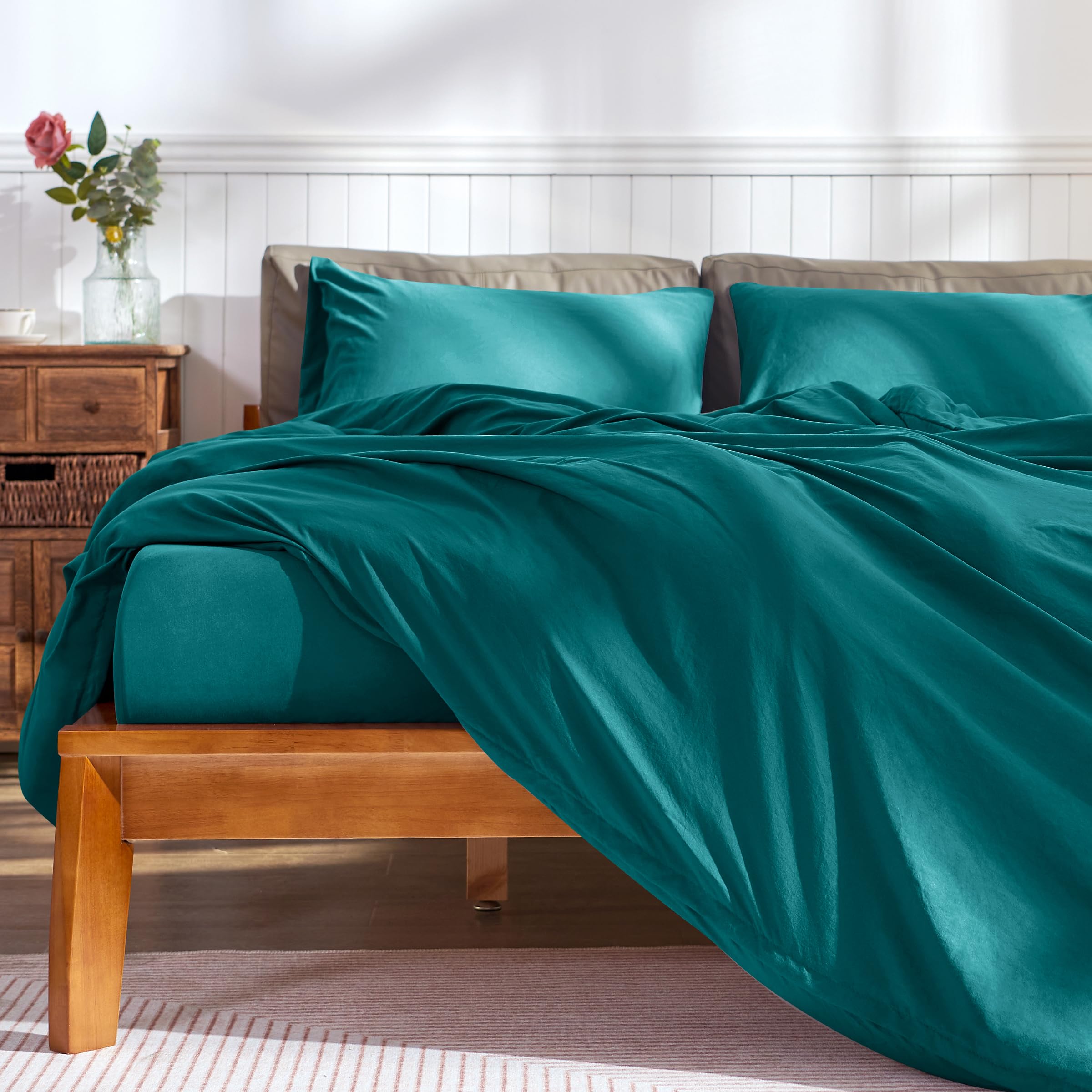 CHUN YI Double Duvet Cover Sets, Washed Microfiber Plain Bedding Duvet Covers Set with Zipper Closure & 8 Corner Ties, Breathable & Ultra Soft Duvet Cover for Summer(Teal Green, Double)