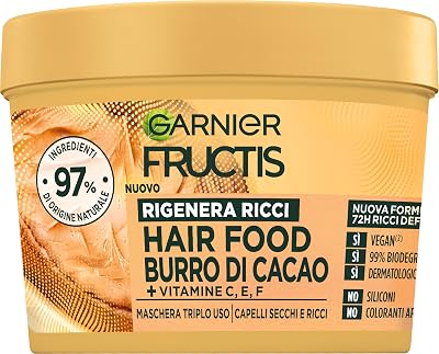 Fructis Hair Food Burro di Cacao Rigenerante, Maschera per Capelli Secchi e Ricci, 97% di Ingredienti di Origine Naturale, Senza Siliconi, 390 ml