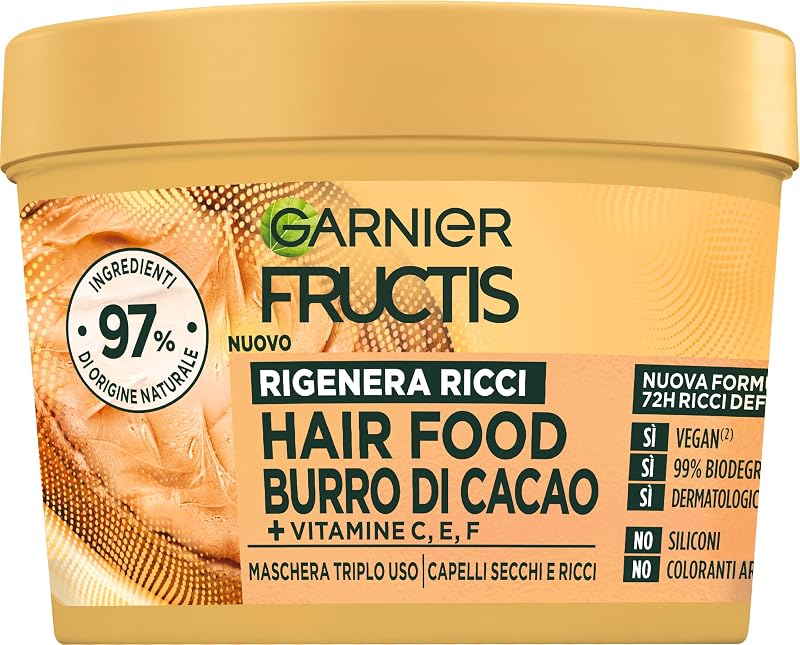 Fructis Hair Food Burro di Cacao Rigenerante, Maschera per Capelli Secchi e Ricci, 97% di Ingredienti di Origine Naturale, Senza Siliconi, 390 ml