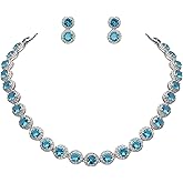 EVER FAITH Gorgeous Round Cut Cubic Zirconia Birthstone Bridal Necklace Earrings Tennis Bracelet Sets Wedding Prom Jewelry Set for Women