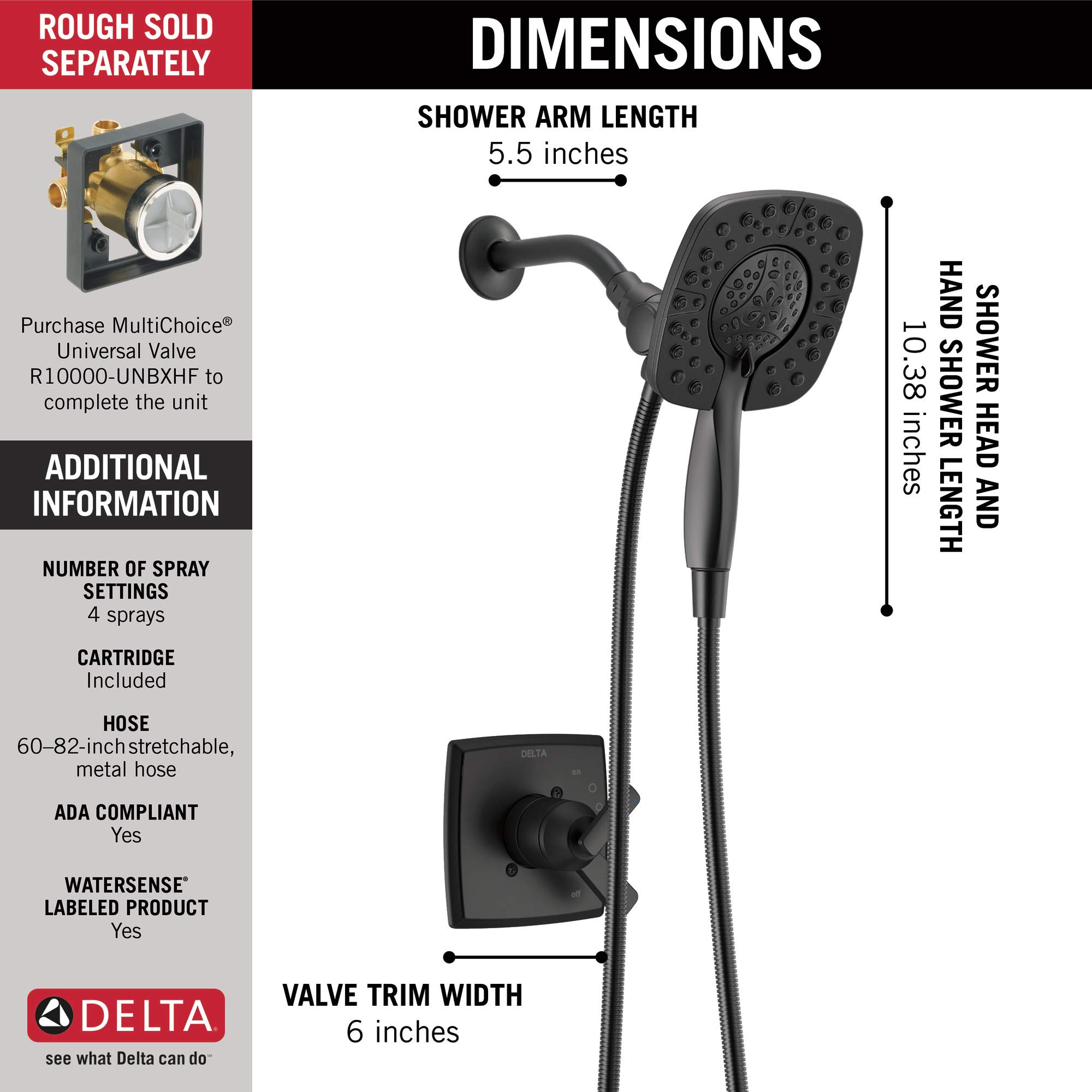 Delta Faucet Ashlyn 17 Series Dual-Handle Delta Shower Trim Kit with In2ition 2-in-1 Shower Head with Handheld Spray, Matte Black Shower Fixture, Matte Black T17264-BL-I (Valve Not Included)
