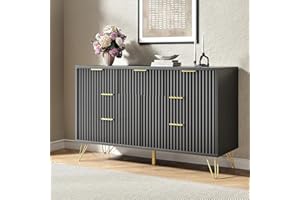 BAZELOR Black Dresser for Bedroom, Fluted 7 Drawer Dresser with Scratch-Proof Golden Handles, Natural Curved Profile, Wood Do