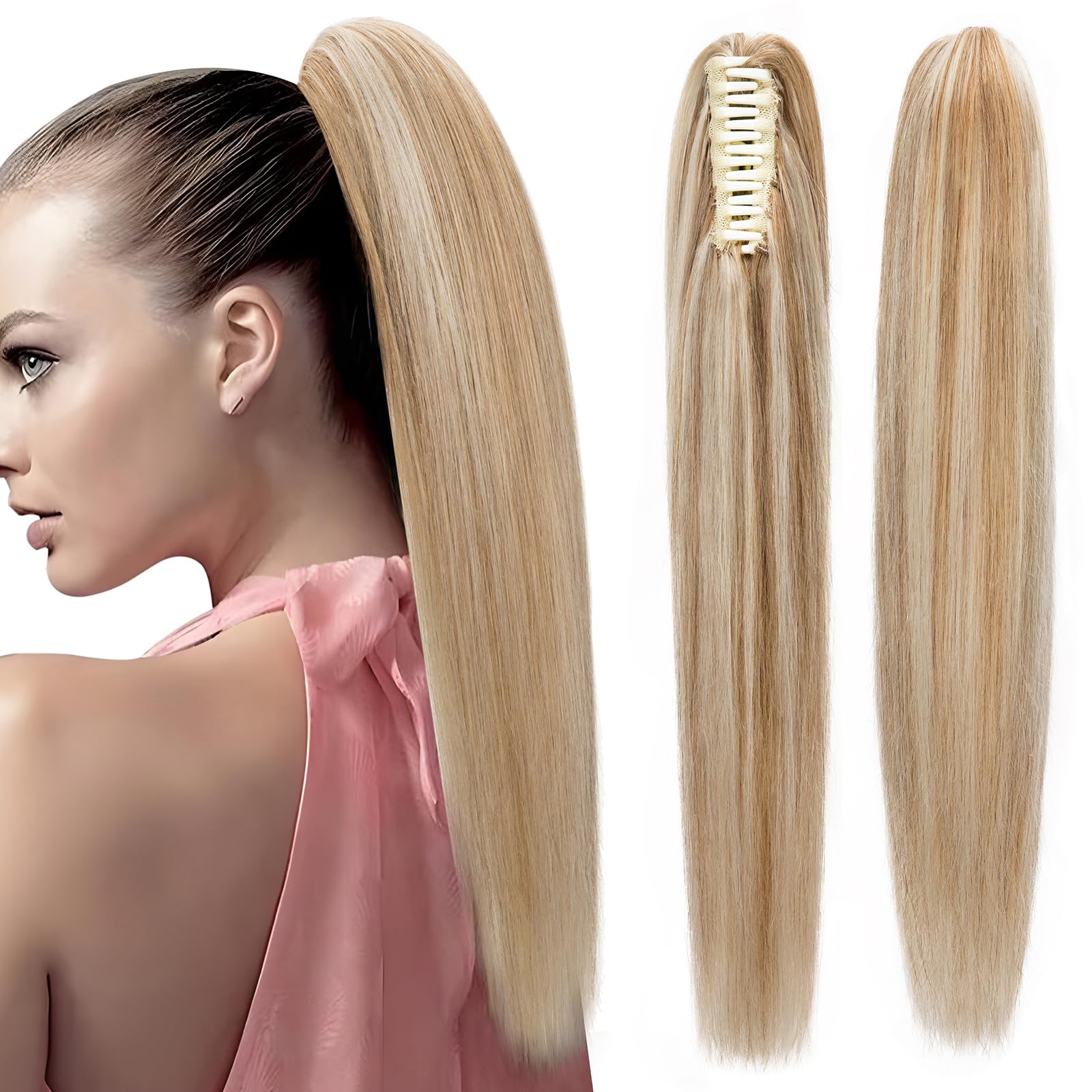 Elailite Claw Clip Ponytail Hair Extensions Real Human Hair Natural HairPiece Straight (#12/613 Golden Brown Mix Bleach Blonde, 18 Inch)
