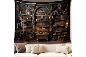 QGHOT Medieval Bookshelf Tapestry Vintage Bookcase Library Backdrop Old Books Dark Academia Large Tapestries Wall Hanging for Bedroom Living Room Office Zoom Background 90x70in