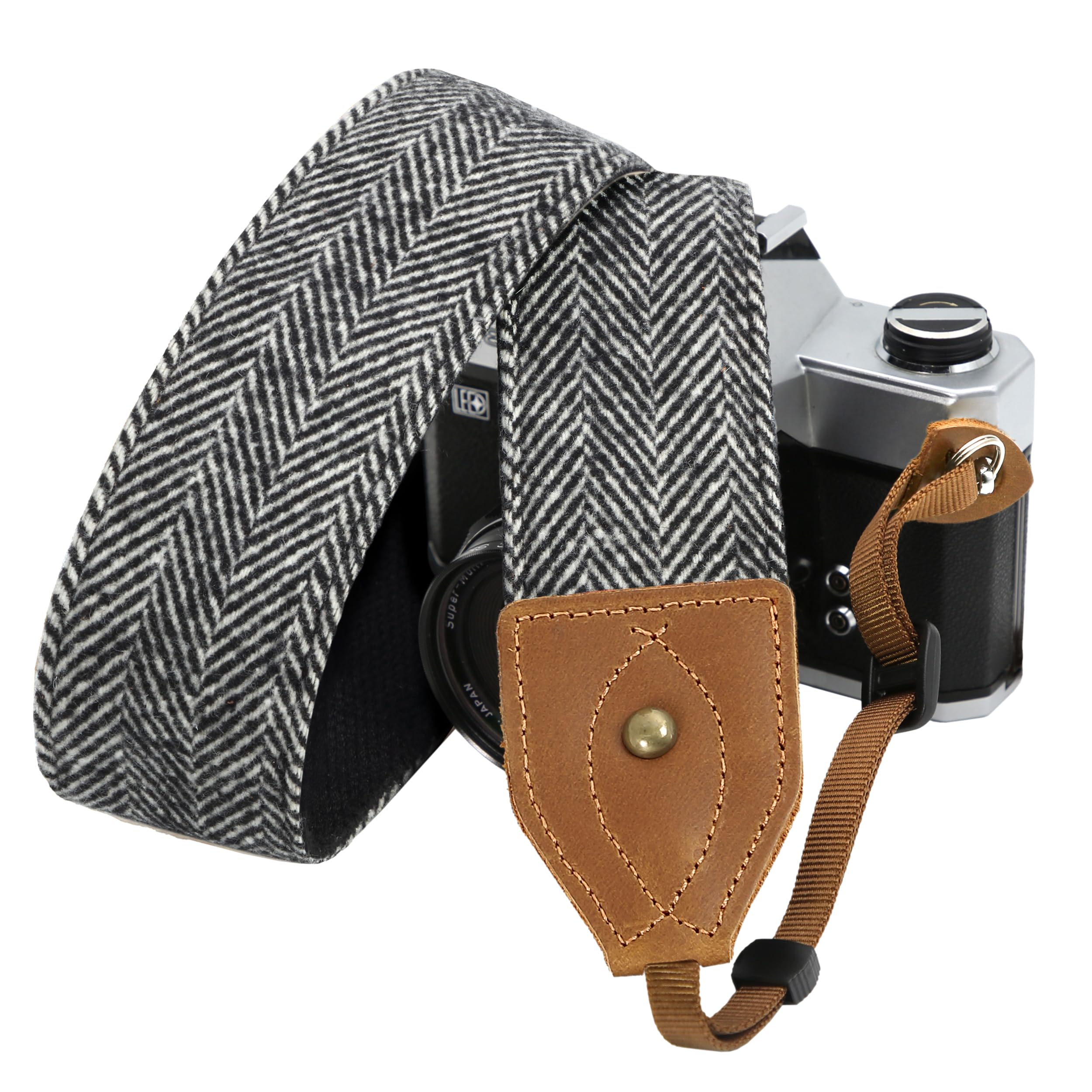 Padwa Lifestyle 2" Wide Classic Crazy Horse Art Cowhide Head Camera Strap - Black White Twill Cashmere Vintage Camera Straps for Photographers, Adjustable Shoulder & Neck Strap Fits All DSLR Cameras — image 1