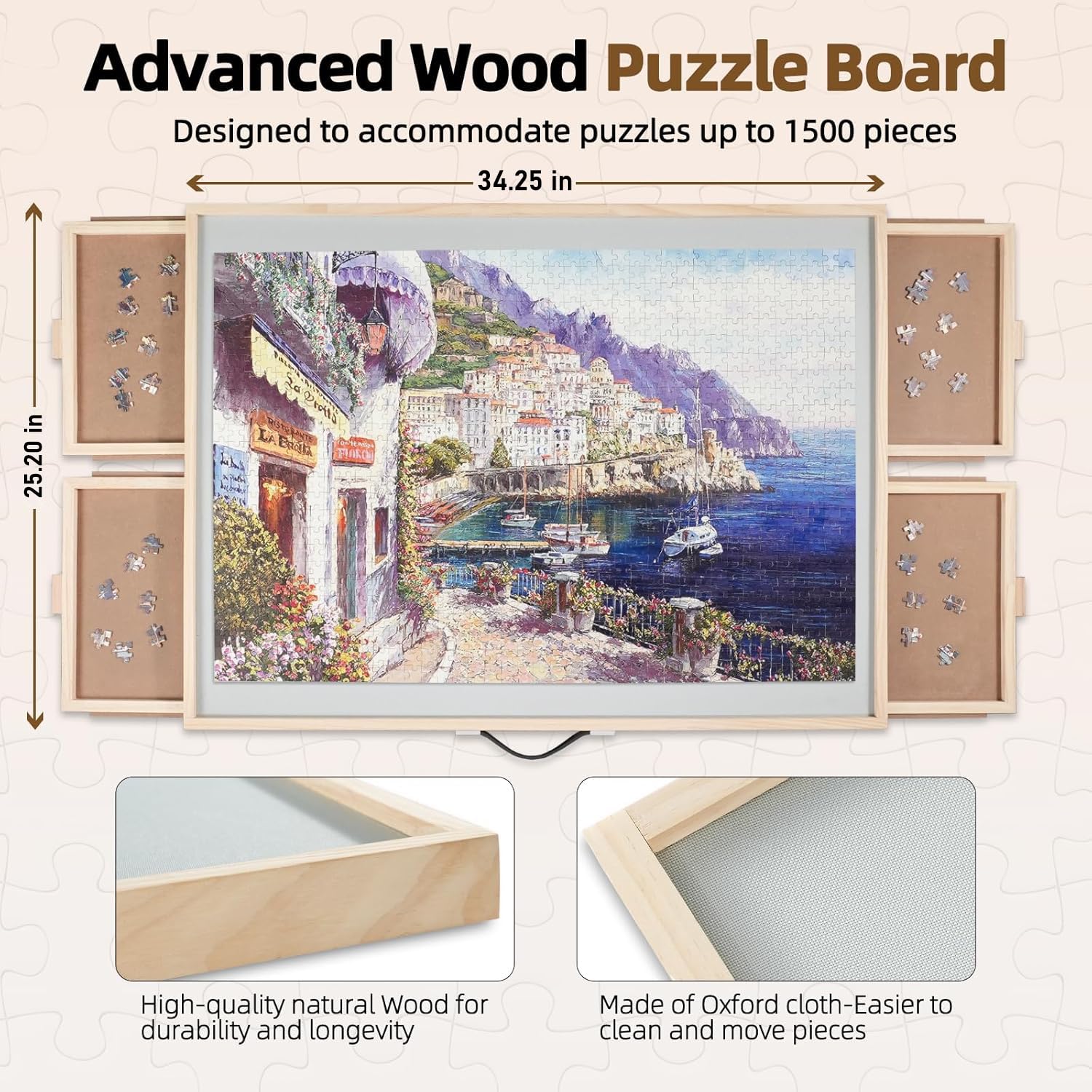 ALL4JIG 1500 Pieces 2-in-1 Tilting & Rotating Puzzle Board for Adults Gifts, Wooden Jigsaw Puzzle Table with 4 Drawers, Portable Board with Lazy Susan and Cover, 25.2