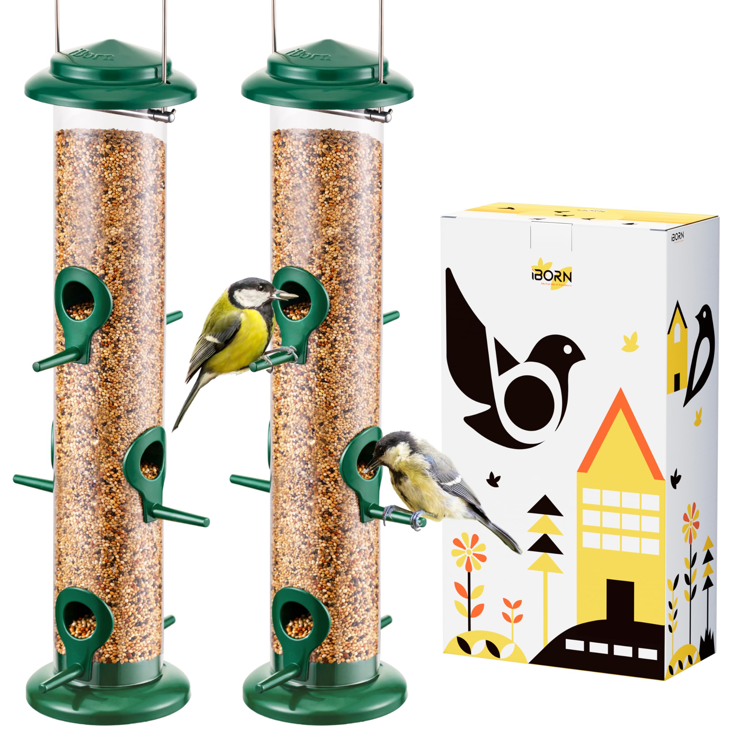 Photo 1 of iBorn Metal Bird Feeders 6 Ports Hanging Wild Bird Seed Feeder for Mix Seed Blends, Niger Seed Feeder, Sunflower Heart, Birdbath, Heavy Duty All Metal Green Finishing 14 Inch 6Port, Pack of 2