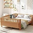 KEIKI Full Size Wooden Floor Bed, Montessori Platform Bed Frame with Low Profile & Safety Rails, Space Saving Kids Beds for Boys Girls Bedroom, No Box Spring Needed, Easy Assembly, Noise Free, Brown