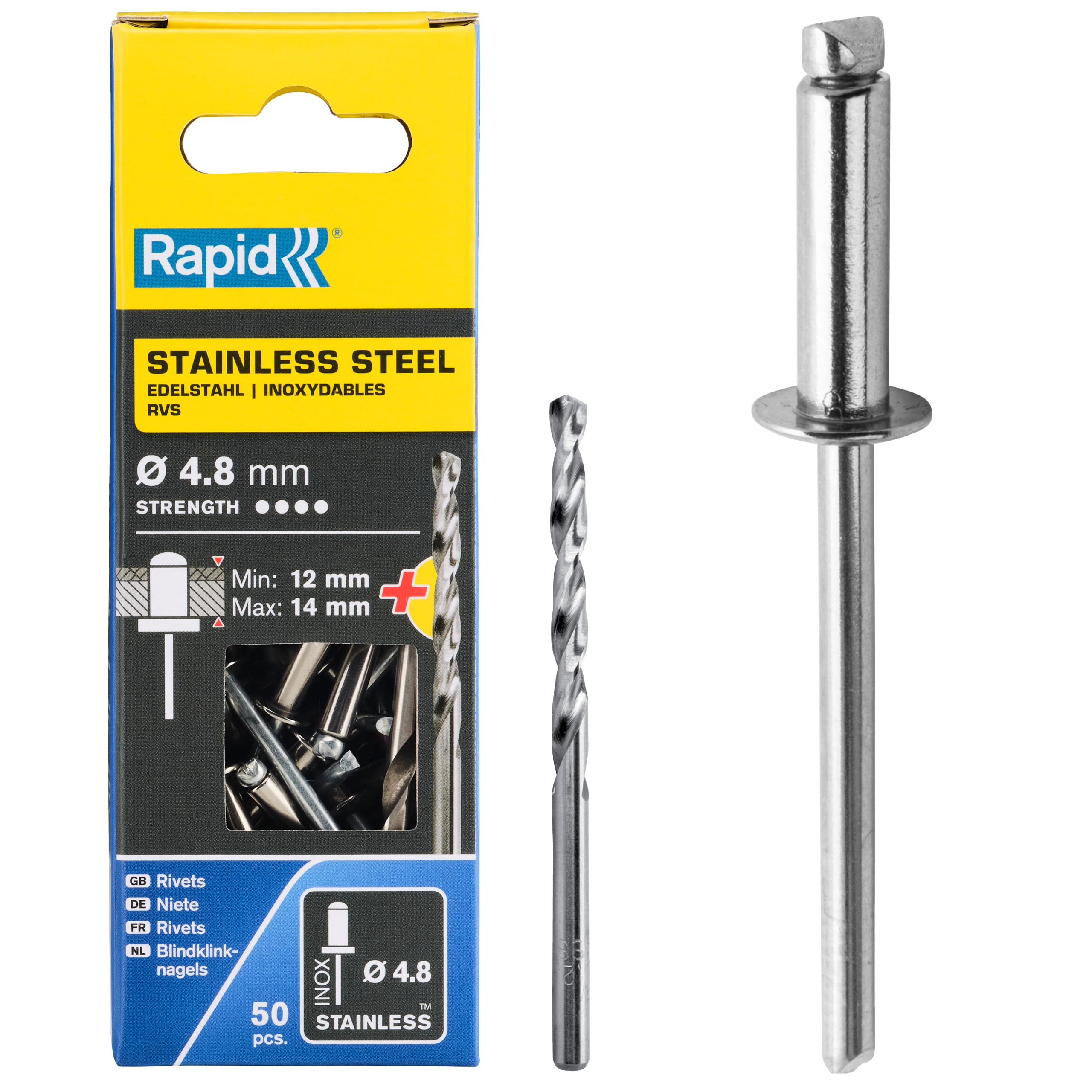 Rapid Rivets Stainless Steel Including Drill Bit, 4.8 x 18 mm, 5000397 - 50 Pieces
