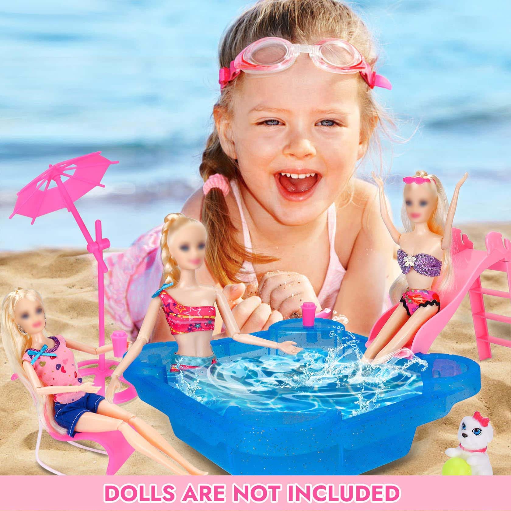 BETTINA Pool Playset - Glam Pool with Slide, Doll Pool Accessories Includes Beach Chair, Beach Umbrella, Dog, Swimming Pool Set for 12 Inch Dolls, Bath Toys for Dolls