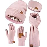 Womens Winter Warm Beanie Hats Gloves Scarf Headband Set Fleece Lined Ear Warmer Knit Scarf Touchscreen Gloves Winter Gifts
