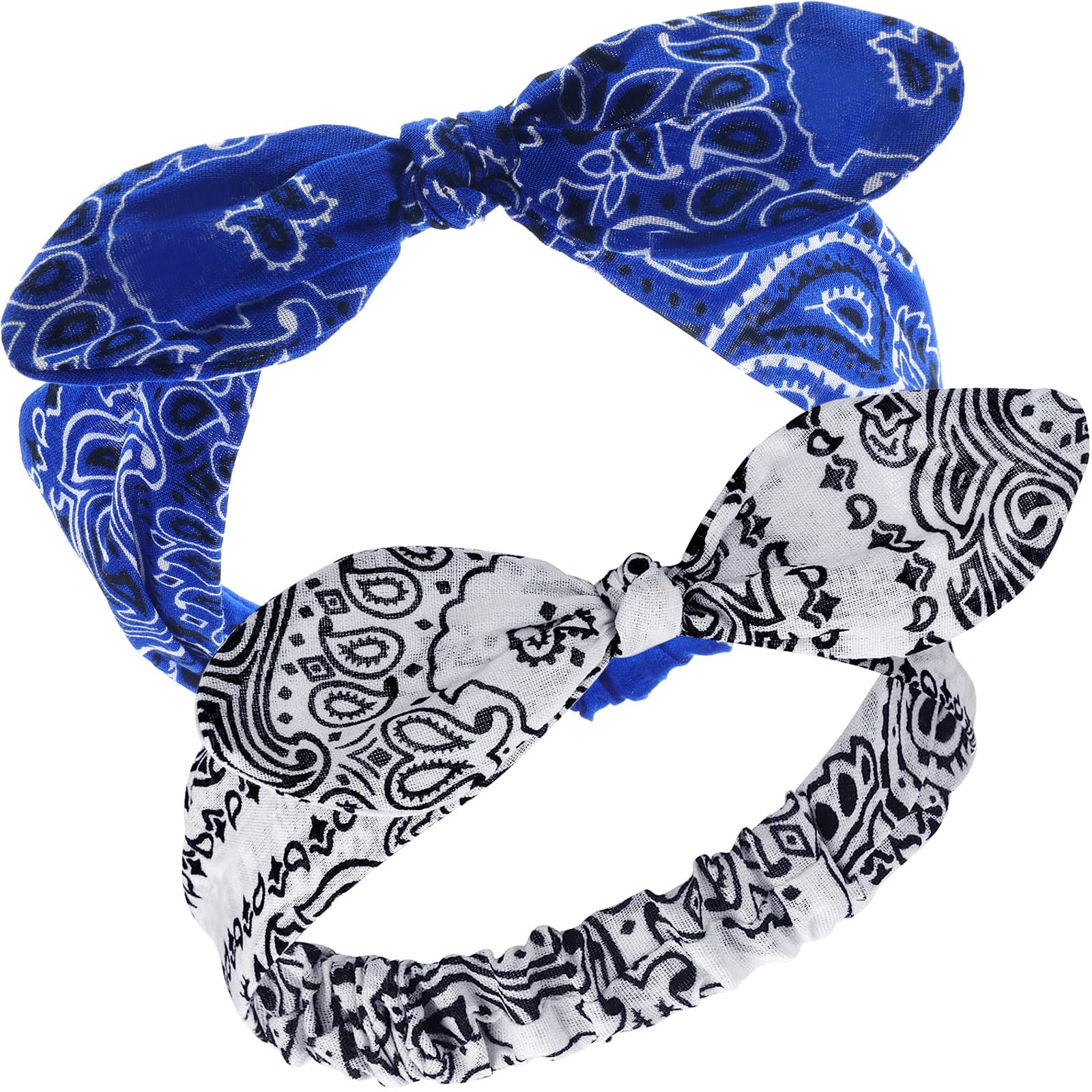 Photo 1 of Hicarer 2 Pieces Bandana Headband for Women, Knot Retro Print Bandana Paisley Print Headband Adjustable Headwrap(White, Blue)