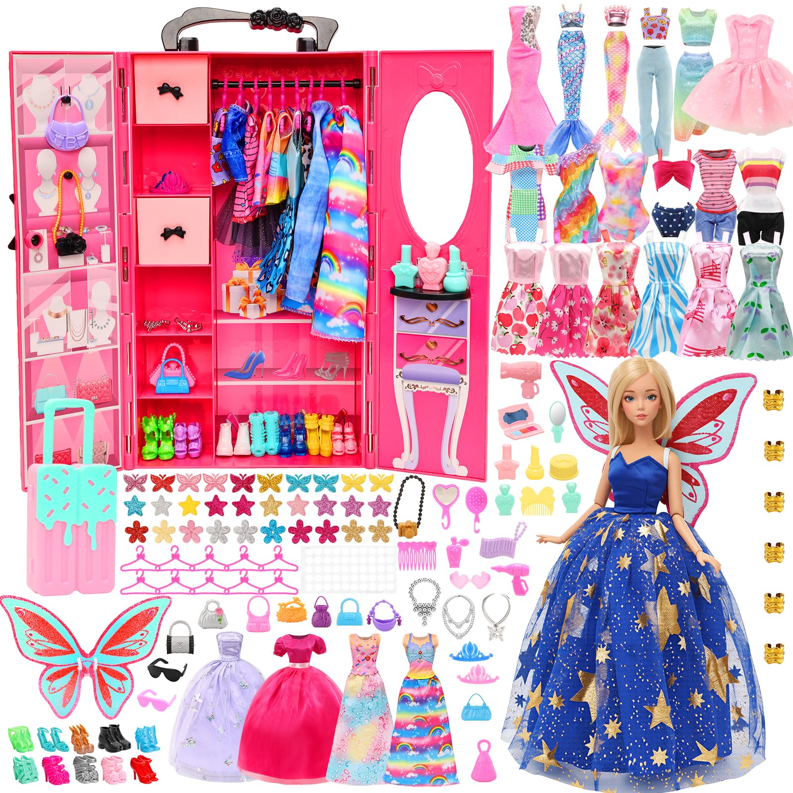 Miunana 101 pcs Wardrobe Closet Doll Clothes Accessories Suitcase Mermaid Swimsuits Dresses Shoes Hanger Crown Necklace Doll Accessories for 11.5 Inch Girl Dolls Toys Gifts for Girls