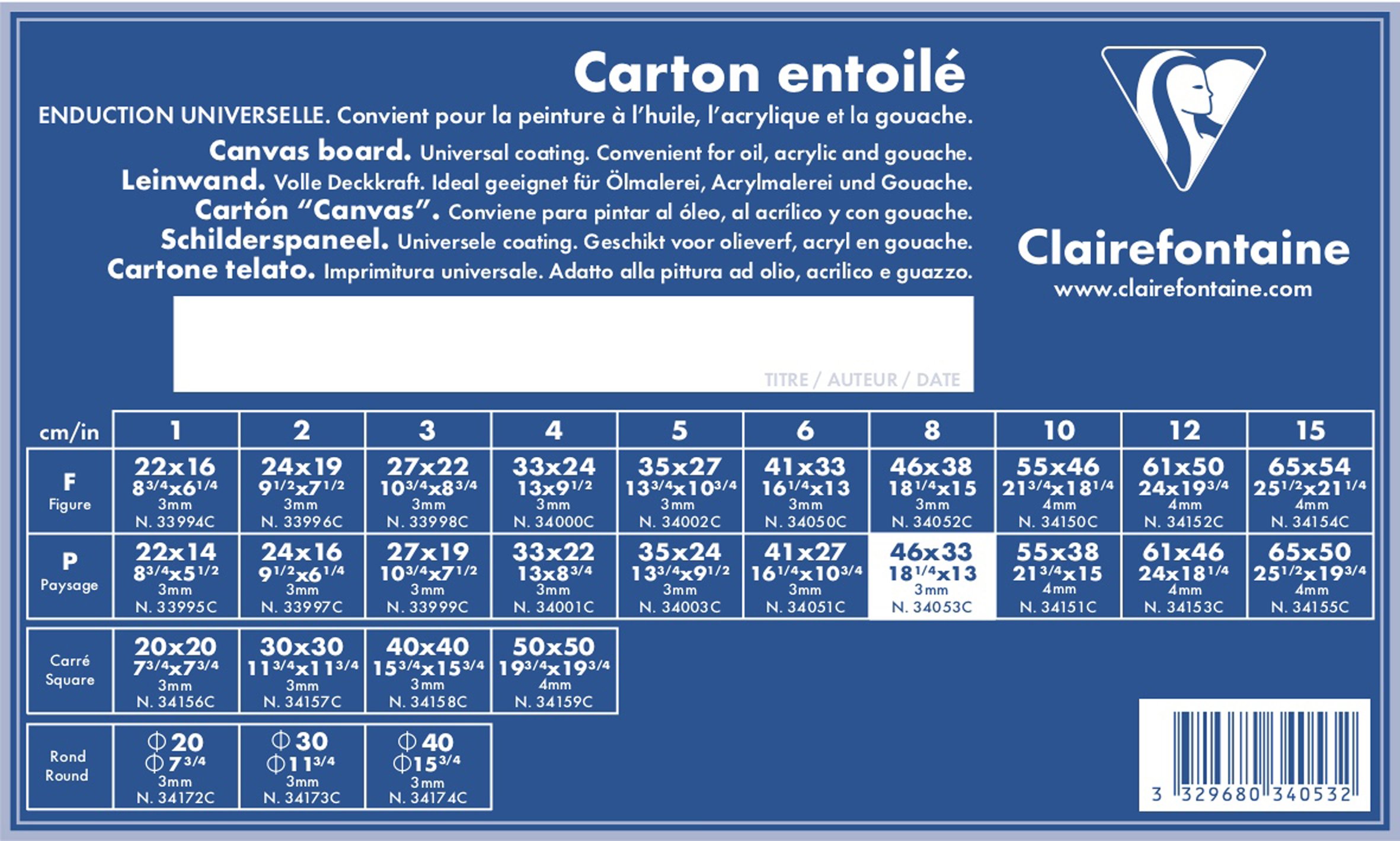 Clairefontaine - Ref 34053C - White Canvas Board (Landscape) - 46 x 33cm - 3mm Thick, Made from 100% Cotton, Suitable for Oil & Acrylic Paints, Acid Free Surface
