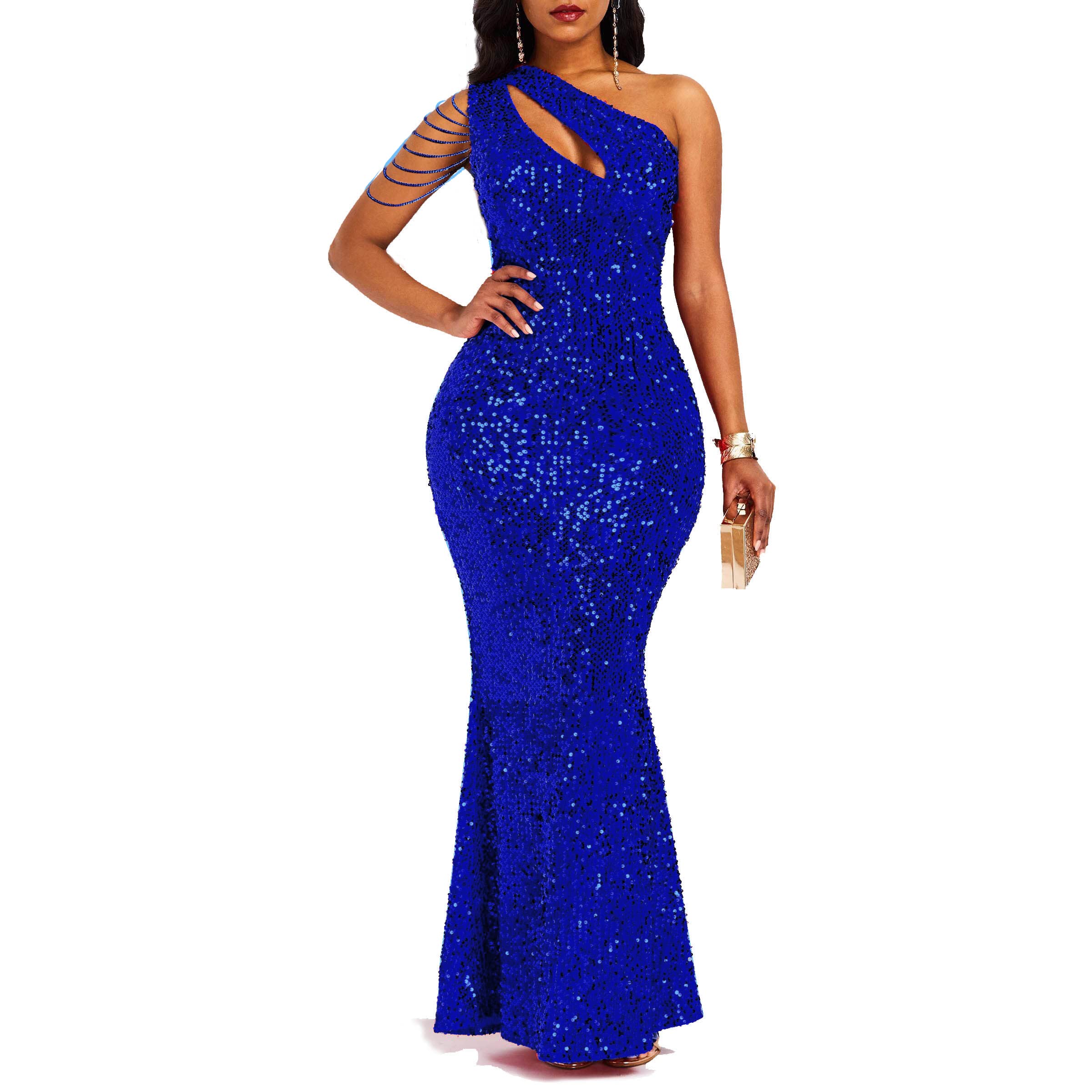 Photo 1 of Cololura Women Sequin Elegant Sexy One Shoulder Tassel Oblique Collar Mermaid Bodycon Cocktail Evening Dress Blue