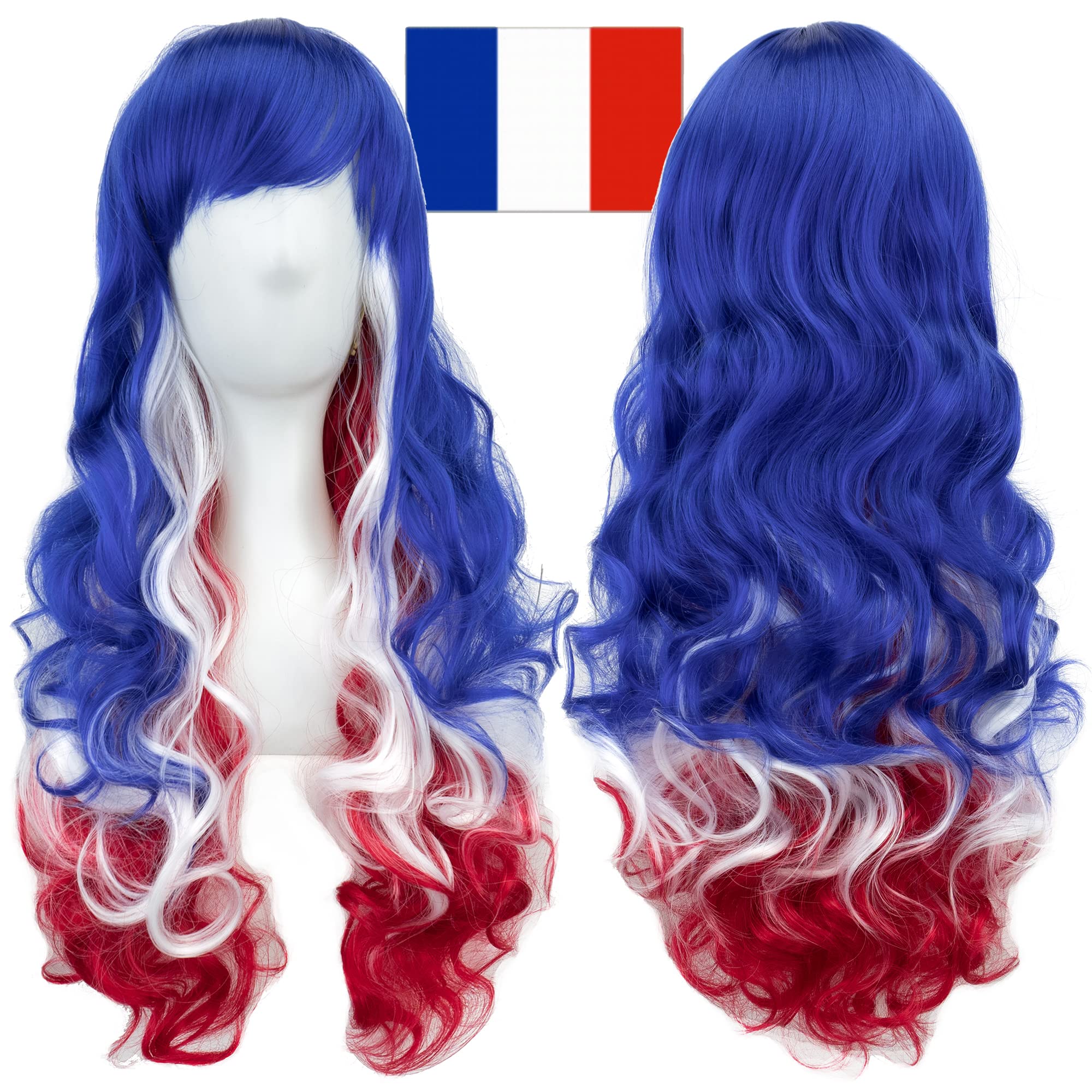 IMISSU Flag Color Design Hair Cosplay Wigs with Bangs Halloween Costume Wig (FR Flag Blue White Red) — image 1