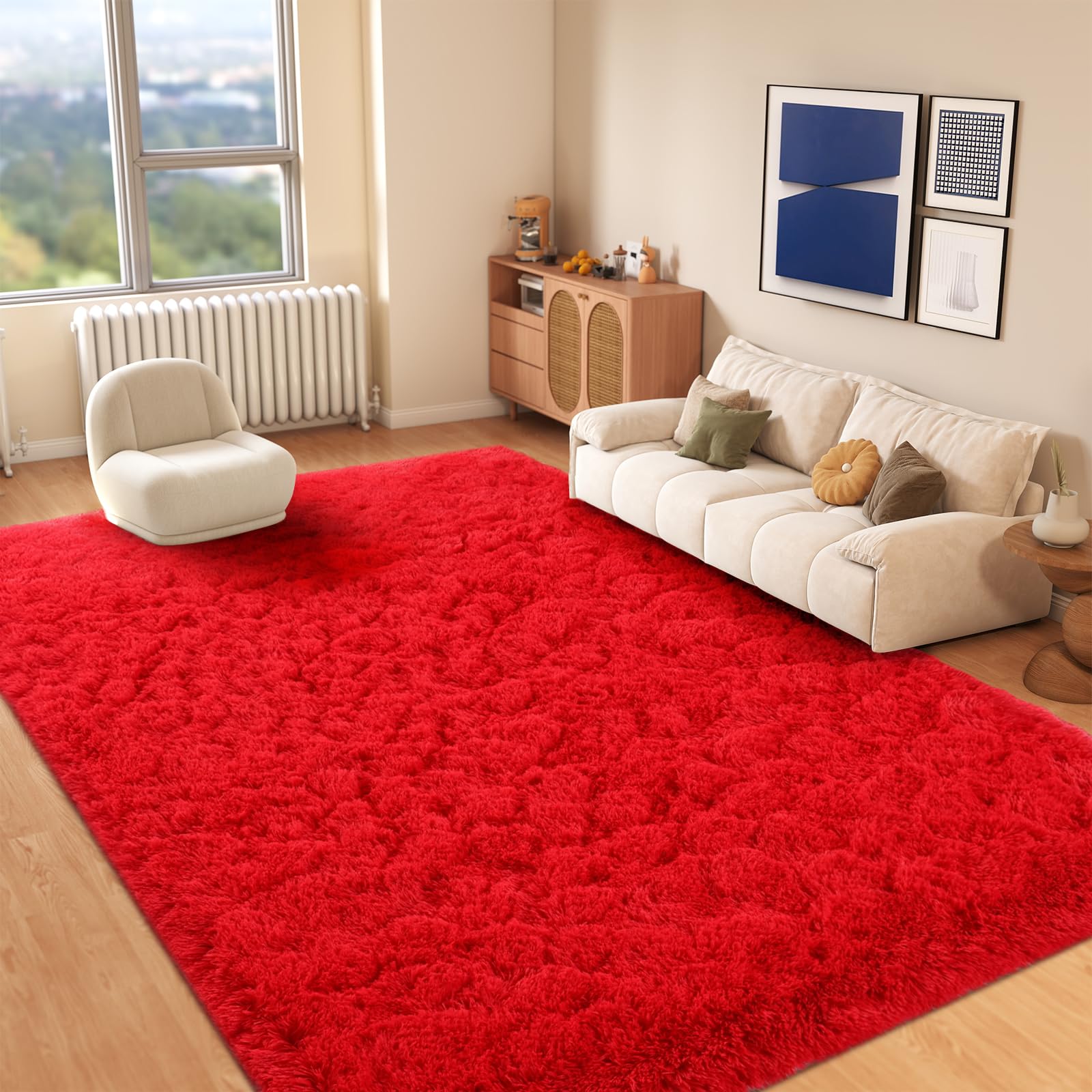 Photo 1 of GREFFY 6x9 Soft Area Rug for Living Room, Modern Shag Red Carpet, Non Slip Shaggy Plush Rugs for Bedroom Kids Room, Indoor Dorm Fluffy Rug for Dog Mat, Fuzzy Teen Nursery Dog Carpets Home Decor