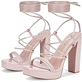 Elisabet Tang Women's Strappy Heeled Sandals, 5 inch Platform Heels Chunky Lace up High Heels Open Toe Party Shoes