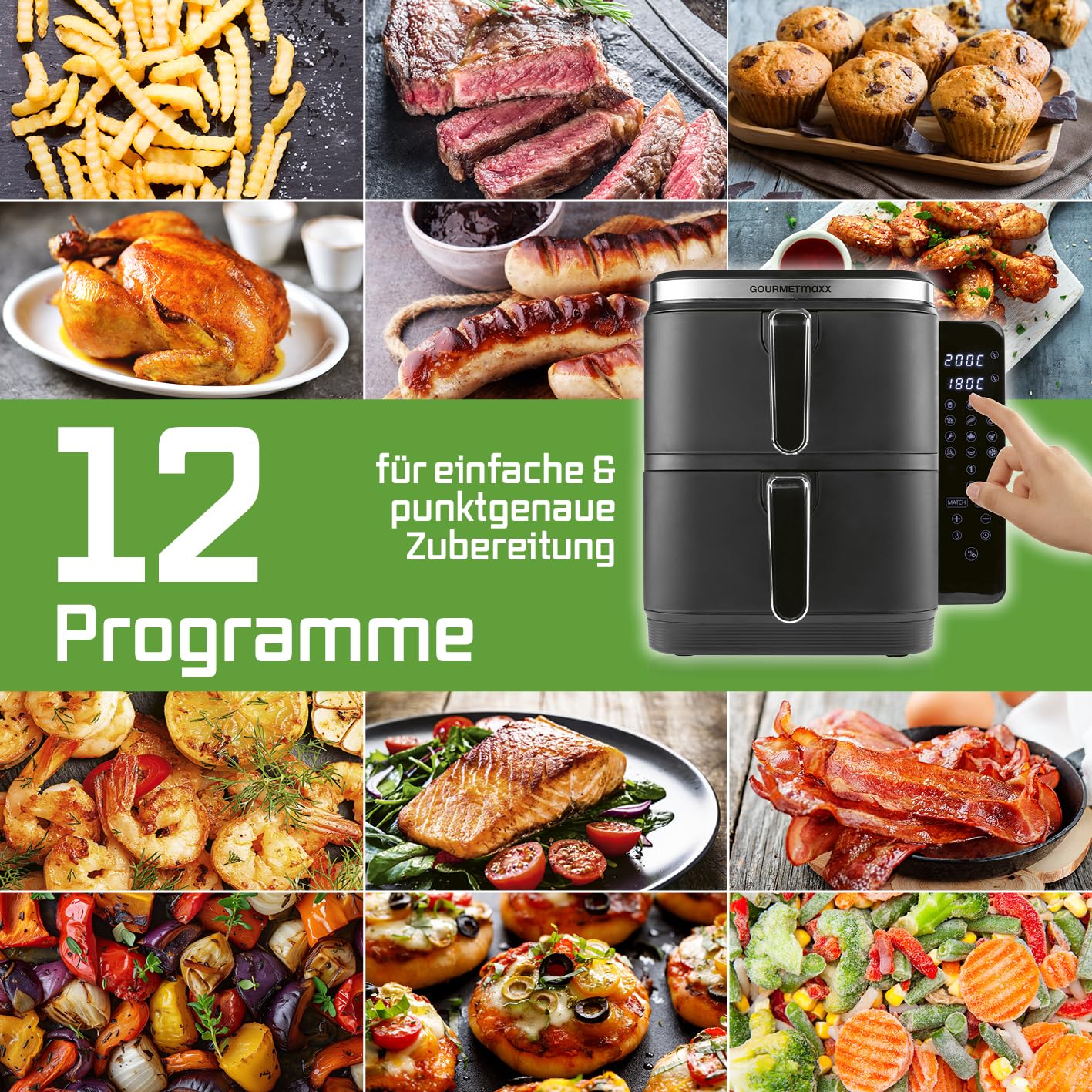 GOURMETmaxx FryUp Vertikale Doppelkammer Heißluftfritteuse | vertikaler Airfryer | klappbares Touchdisplay | 32% platzsparender | Fassungsvermögen 10L | Heißluftfritteuse 2 Kammern 8