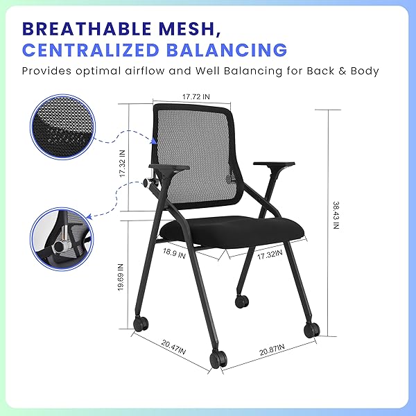 BROBRIYO PRO, STACKABLE & FOLDABLE CONFERENCE ROOM CHAIRS WITH 2X THICK CUSHION, LUMBAR SUPPORT, ARMREST – MESH BOUNCING BACK FOR OFFICE MEETING, CONFERENCE, TRAINING ROOM CHAIR 1 PACK