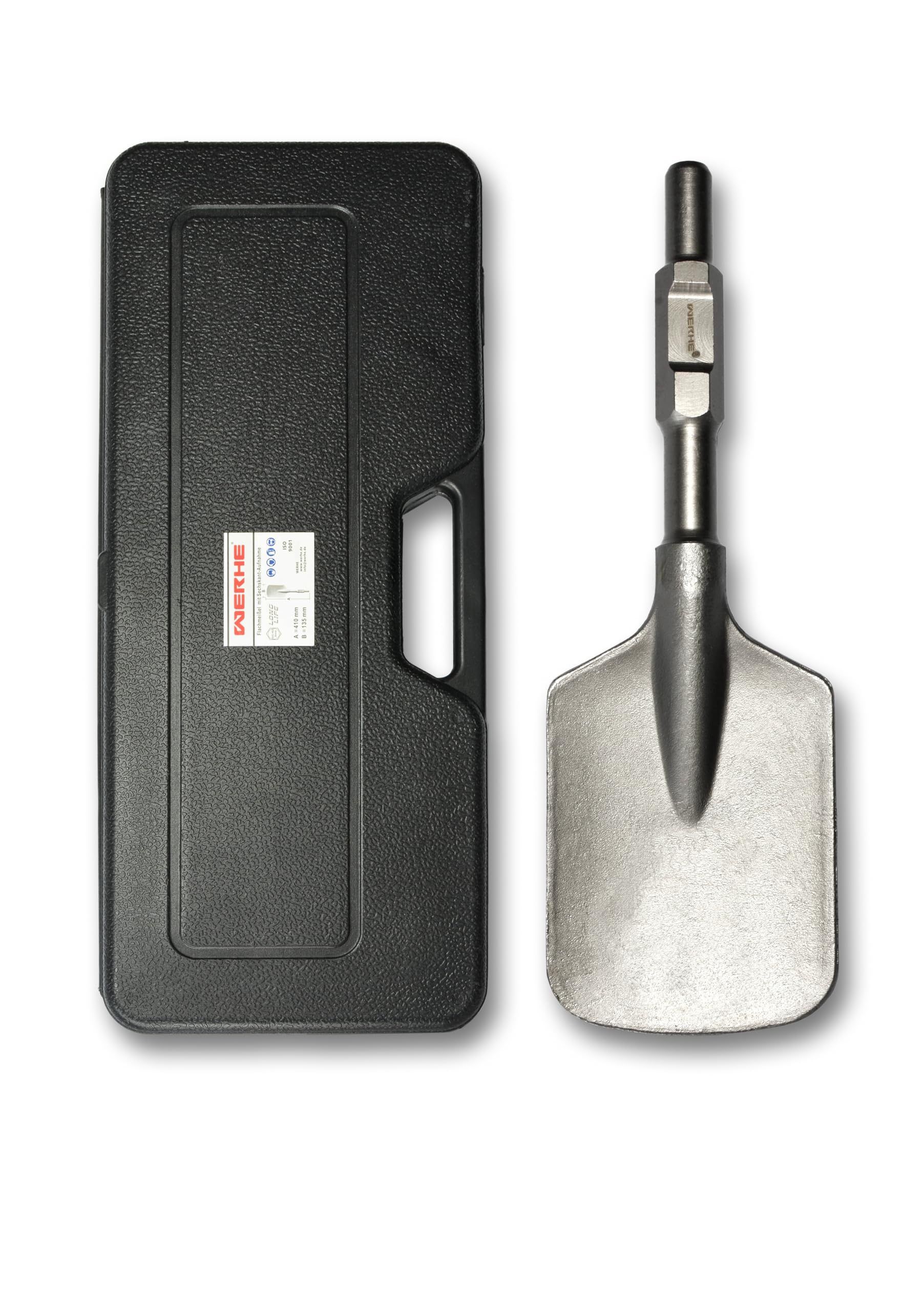 WERHE Shovel Chisel 135 x 410 mm – Robust Steel for Demolition Hammer – HEX Hex Shank 30 mm – Professional Quality for Concrete and Asphalt