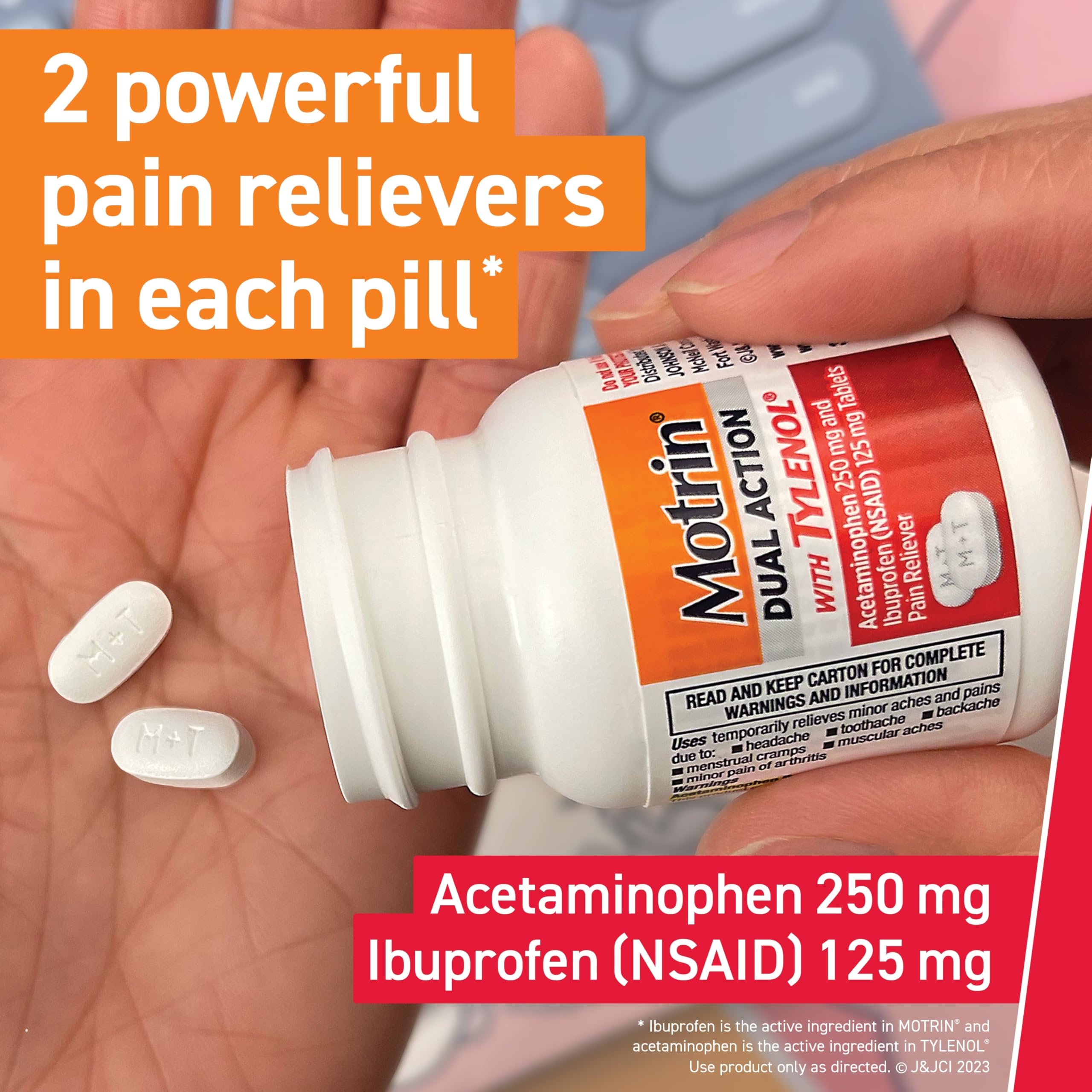 Motrin Dual Action with Tylenol, Ibuprofen & Acetaminophen Fast-Acting Dual Action Pain Reliever for Minor Aches & Pains, Ibuprofen (NSAID) 125 mg & Acetaminophen 250 mg, 120 ct