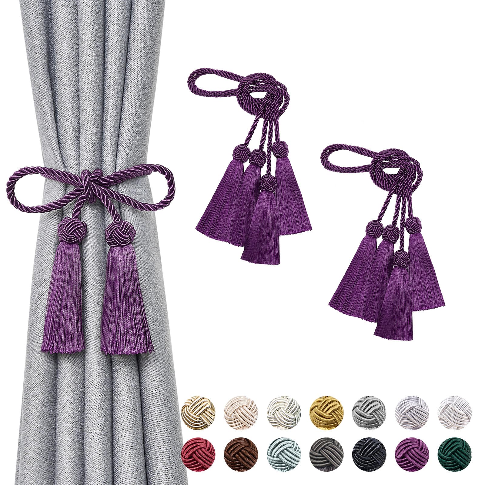 Pretty Jolly 4 Pack Double-ended Tassel Curtain Tiebacks Handmade Braided Rope Knot Drape Tie Backs European Style Decorative Curtain Holdbacks for Home & Office Window Drapery (Purple)
