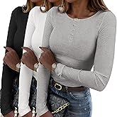 Zeagoo Women's 2025 Summer Fall Long Sleeve Henley T Shirts Button Ribbed Knit Slim Fit Casual Basic Tops Blouse