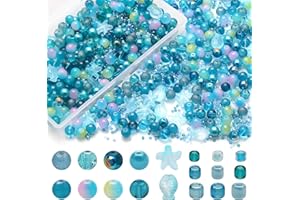 RIRED 27 Versatile Glass Beads for Bracelet Making, 240pcs Colorful 8MM Assorted Beads with Star and Seed Varieties, Lake Blue Crystal