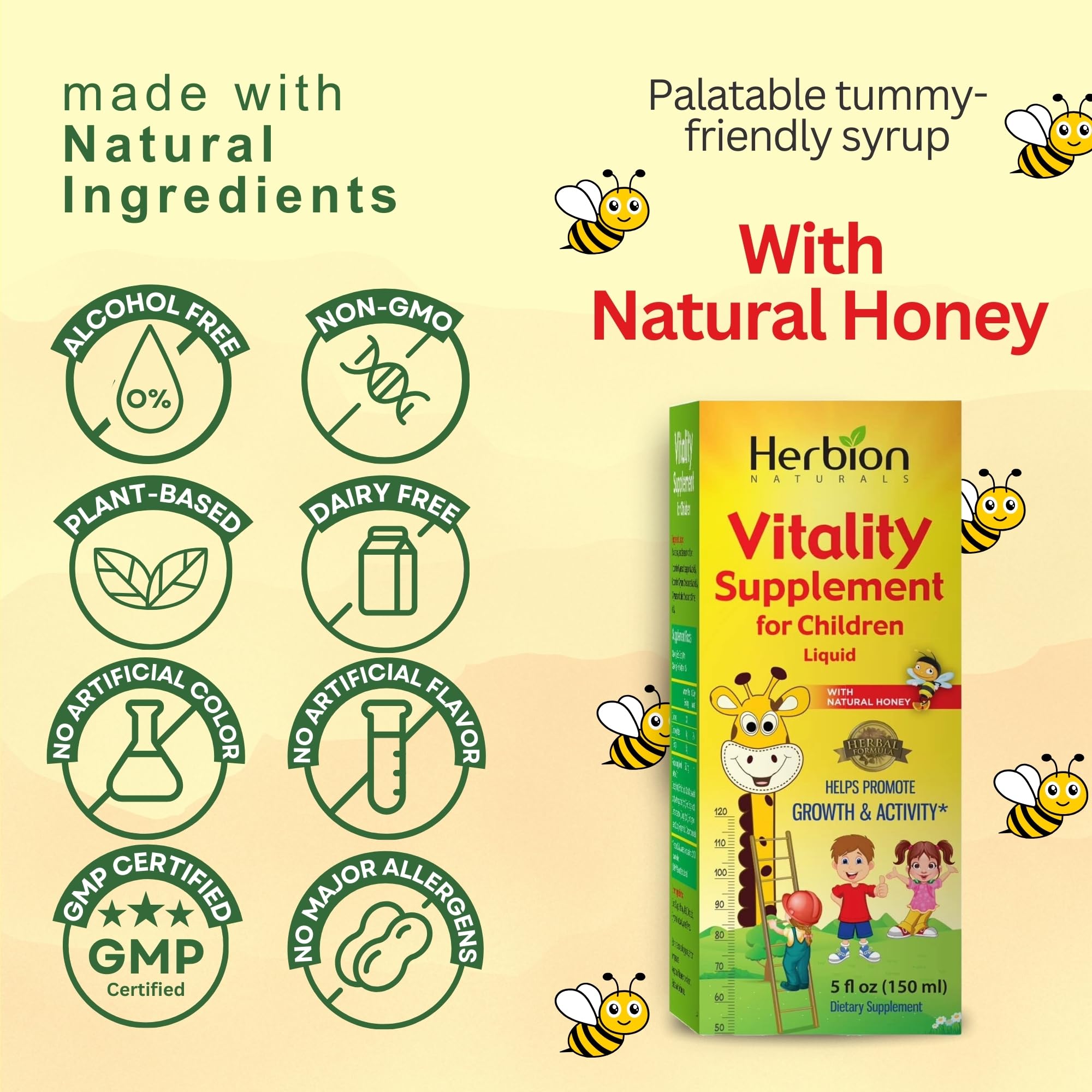 HERBION Naturals Vitality Supplement for Children, Promotes Growth and Appetite, Relieves Fatigue, Improves Mental & Physical Performance, for Kids 1 Year & Above, 5 Fl Oz (Pack of 1)