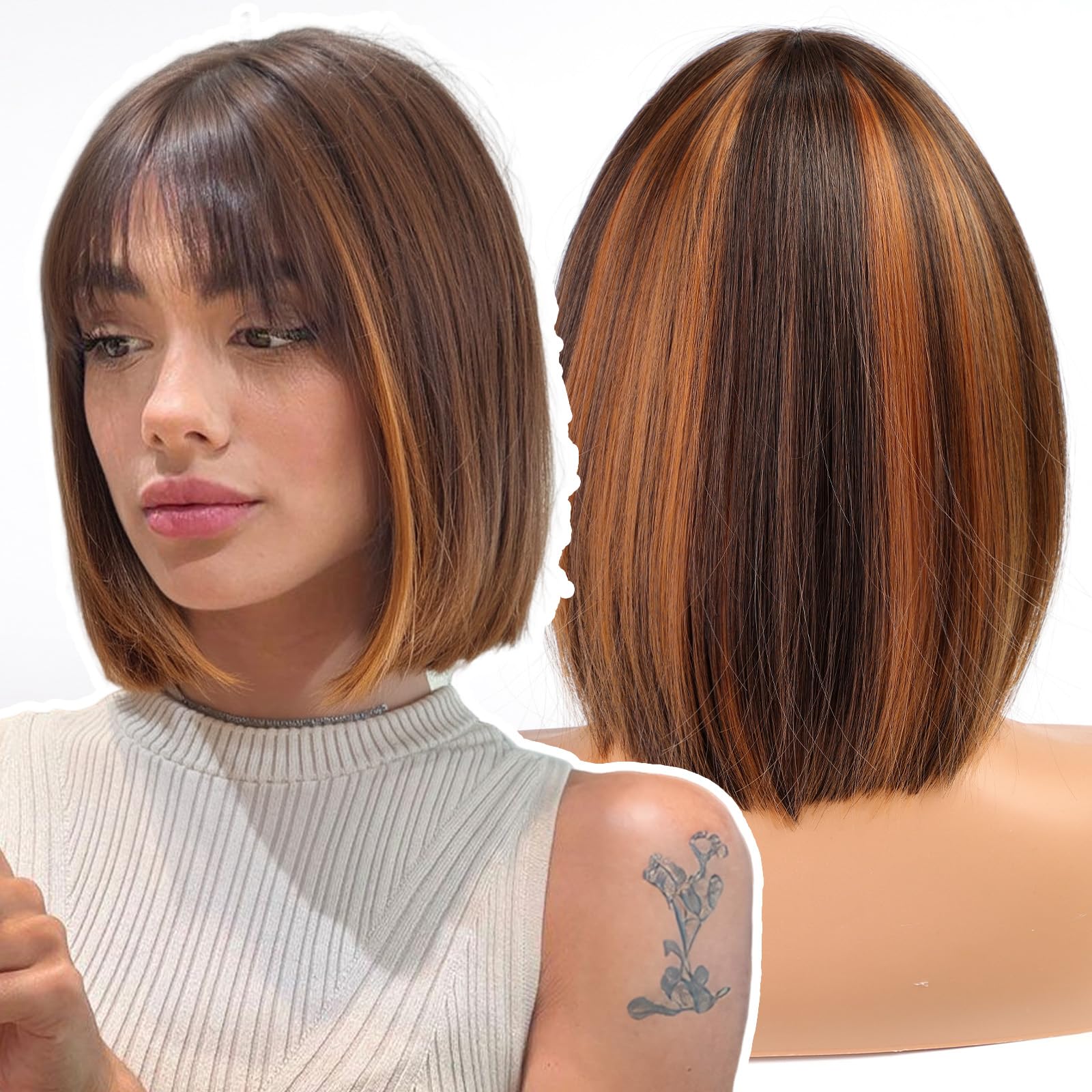 Workstar Brown bob Wigs for Women Synthetic Wig with Fringe